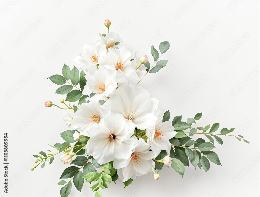 Obraz premium Blooming white floral with orange center and lush green foliage, vibrant, fresh, beauty, garden, tropical
