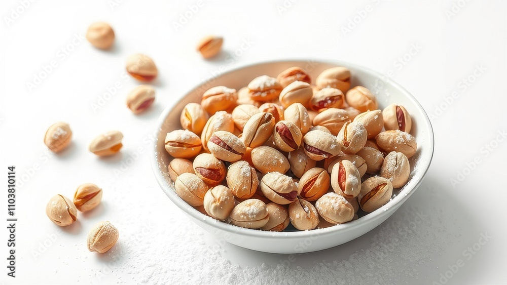 A close-up of pistachios arranged artfully in a bowl with a sprinkle of powdered sugar on a white background, food, white background, sweet, bowl A close-up of pistachios arranged artfully in a bowl with a sprinkle of powdered sugar on a white background, food, white background, sweet, bowl