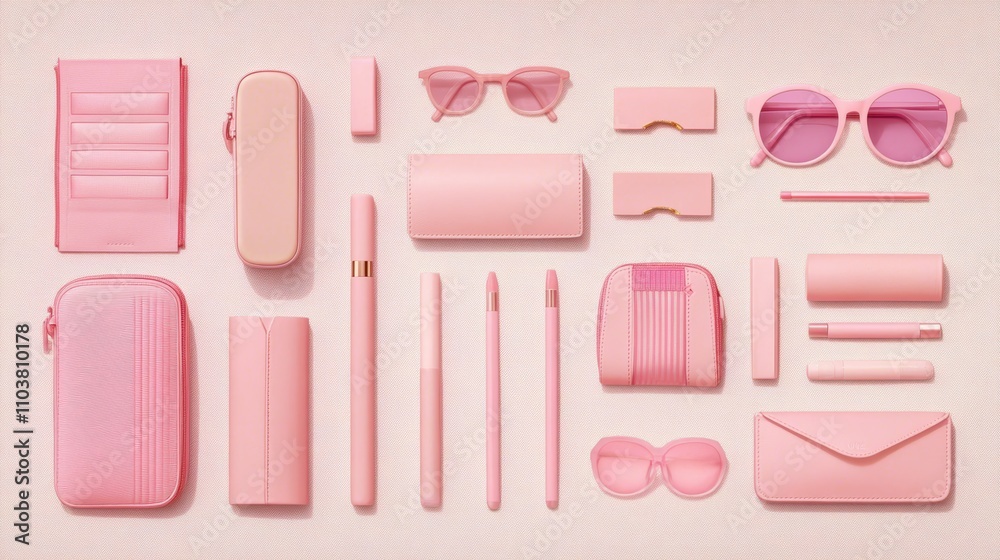 Flat lay of pink stationery, eyewear, and accessories. Flat lay of pink stationery, eyewear, and accessories.