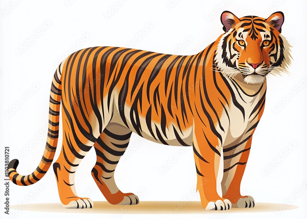 Fototapeta premium Side Angle View of a Majestic Tiger, Panthera Tigris, Showcasing Dark Vertical Stripes on Orange Fur, Ideal for Wildlife and Nature-Themed Projects with Ample Copy Space
