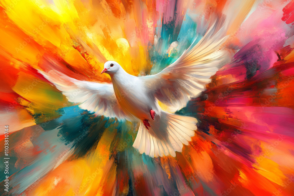 Fototapeta premium An abstract digital painting featuring the dove of the Holy Spirit, surrounded by a burst of vibrant, multicolored watercolor strokes. The doveâ€™s wings are spread wide, symbolizing divine power and
