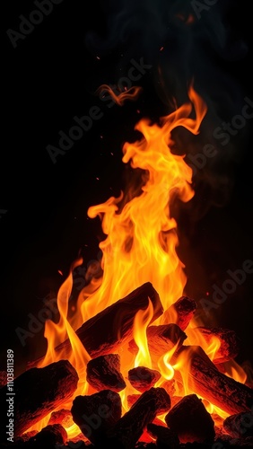 A roaring fire crackling with flames on a dark black background with glowing coals and embers, fiery energy, flames, flame, warm glow, burning