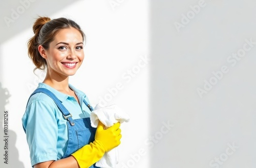 A young woman dressed in a light blue shirt and yellow gloves stands indoors. She holds a cleaning towel and smiles brightly, showcasing her enthusiasm for cleaning tasks. Copy space photo