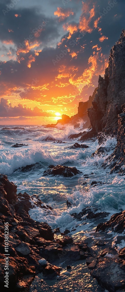 Naklejka premium A dramatic sunset over a rocky coastline with waves crashing against the shore, golden hour, landscape, ocean