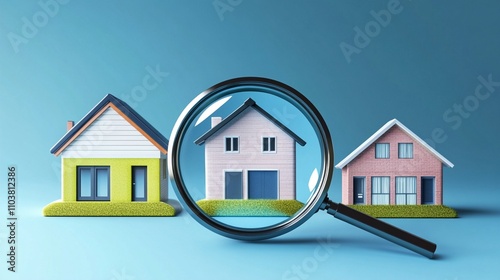 Miniature colorful houses under magnifying glass, concept of property search, real estate inspection, and housing market analysis on blue background. photo