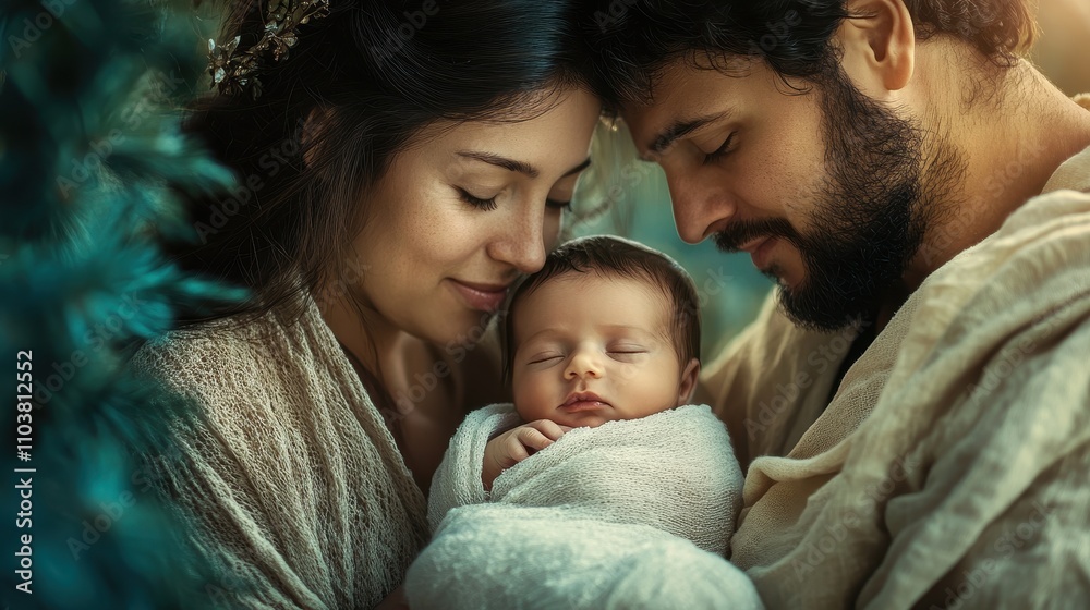 Loving Portrait of a Happy Family Holding a Newborn Baby in a Warm and Peaceful Setting with Gentle Natural Light Loving Portrait of a Happy Family Holding a Newborn Baby in a Warm and Peaceful Setting with Gentle Natural Light