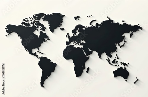 A black silhouette of a world map is displayed against a light background, showcasing the continents and countries. The design features subtle shadows that enhance the three-dimensional effect.