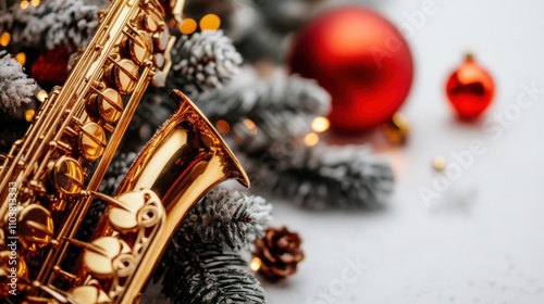 Festive saxophone surrounded by holiday decorations and winter charm in cozy atmosphere photo