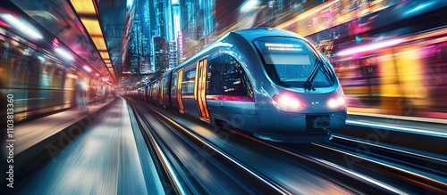 High-speed train speeding through a vibrant city at night.