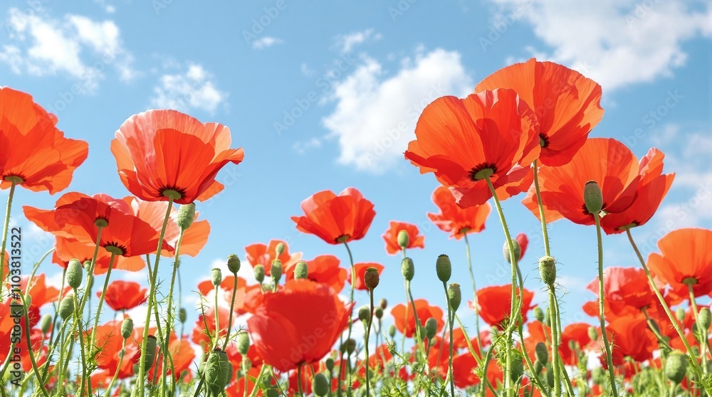 Obraz premium A field of poppies swaying gently in the breeze on a breezy spring day under a clear blue sky, nature, colors, flowers, serenity