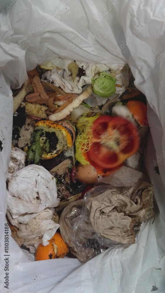 Vertical video social media - Overhead shot of items of domestic food waste falling into a liner bag of rubbish or trash in a bin, then a man’s hands rolling the top of the bag and lifting it up.