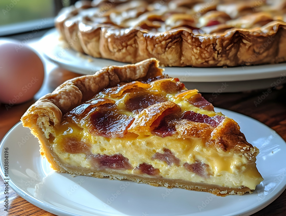 Delicious slice of bacon and egg quiche on a plate with the rest of the quiche in the background. Delicious slice of bacon and egg quiche on a plate with the rest of the quiche in the background.