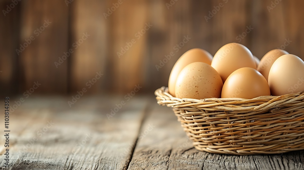Fresh chicken eggs in wicker basket on wooden table, top view Fresh chicken eggs in wicker basket on wooden table, top view