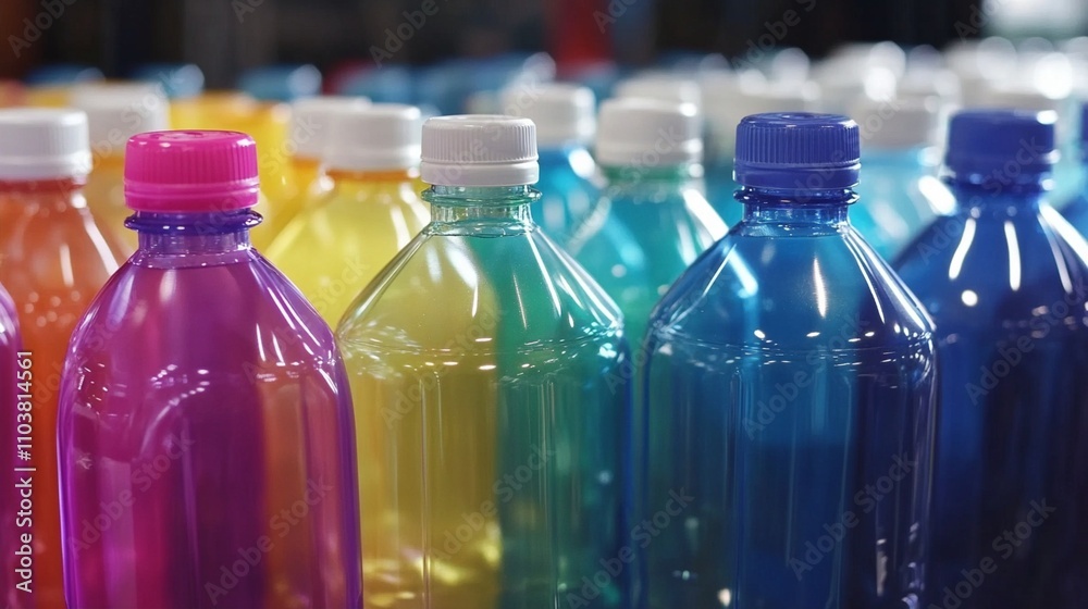 Vibrant array of colorful plastic bottles filled with various beverages, showcasing a rainbow spectrum from pink to blue, symbolizing diversity in soft drinks. Vibrant array of colorful plastic bottles filled with various beverages, showcasing a rainbow spectrum from pink to blue, symbolizing diversity in soft drinks.