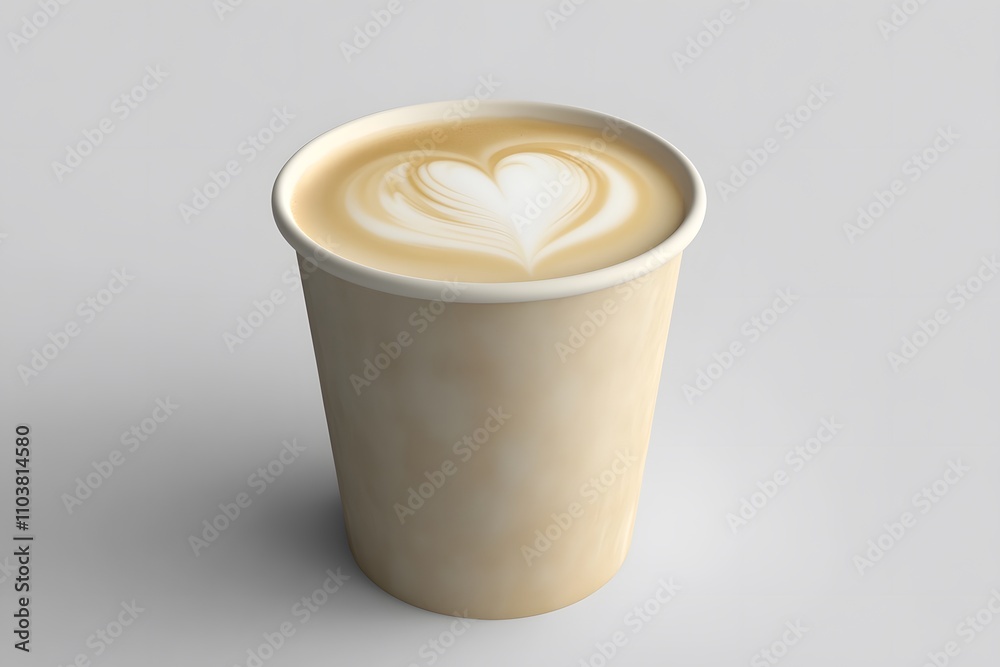 A latte in a paper cup with heart-shaped foam art on top. A latte in a paper cup with heart-shaped foam art on top.