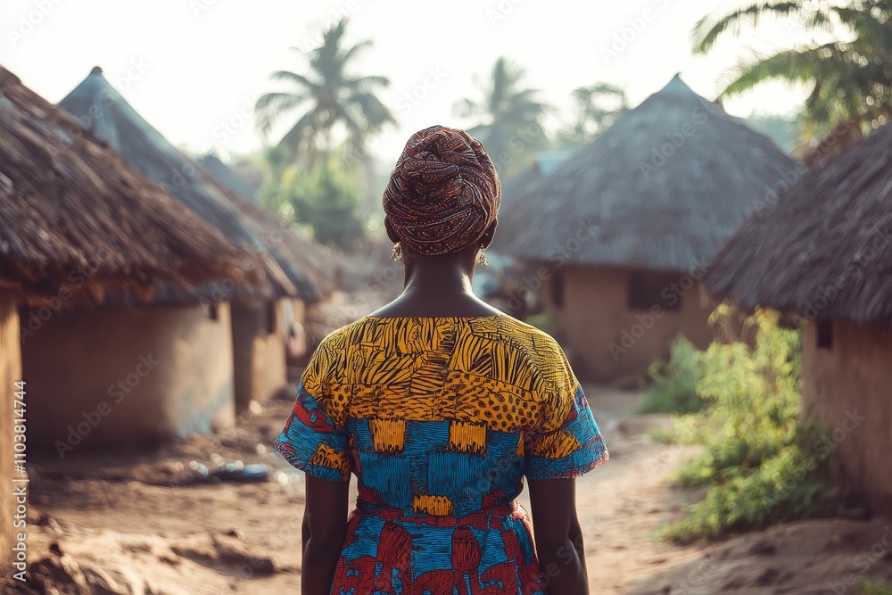 Woman in colorful dress, back view, African village. Woman in colorful dress, back view, African village.