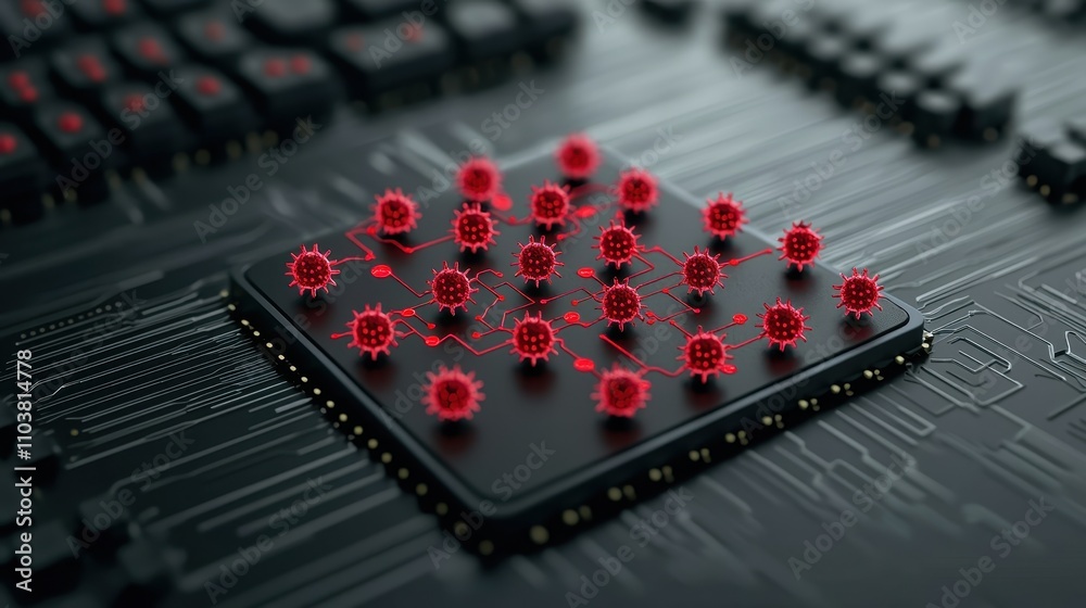 Microprocessor Surrounded by Red Virus-Like Structures Depicting Cybersecurity Threats and Digital Vulnerabilities on a Circuit Board Background Microprocessor Surrounded by Red Virus-Like Structures Depicting Cybersecurity Threats and Digital Vulnerabilities on a Circuit Board Background