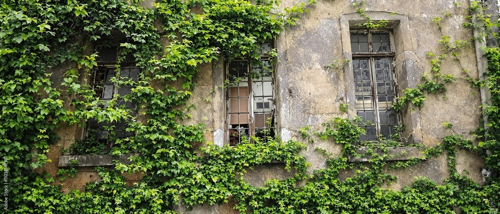 Aged windows on a historic gray building with abundant greenery creeping up the walls, old-fashioned, biophilic design, sustainable architecture, organic aesthetic., environmental conservation Aged windows on a historic gray building with abundant greenery creeping up the walls, old-fashioned, biophilic design, sustainable architecture, organic aesthetic., environmental conservation