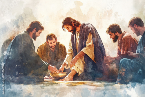 A digital watercolor illustration of Jesus washing the feet of His disciples, with a focus on the peaceful yet profound gesture of servitude. The scene captures the solemnity and beauty of Maundy