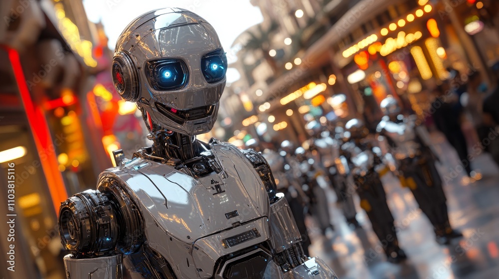 Futuristic humanoid robot in the city at night Futuristic humanoid robot in the city at night