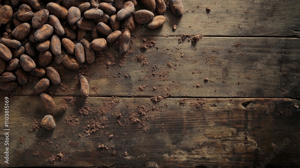 Rich Cocoa Beans and Dark Chocolate Powder on Rustic Wooden Table. A delectable display of natural ingredients for a delightful treat. Rich Cocoa Beans and Dark Chocolate Powder on Rustic Wooden Table. A delectable display of natural ingredients for a delightful treat.