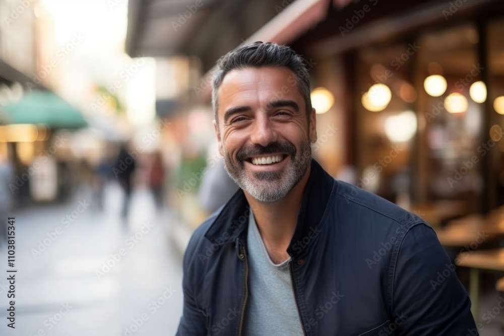Handsome middle-aged man with beard smiling in urban background Handsome middle-aged man with beard smiling in urban background