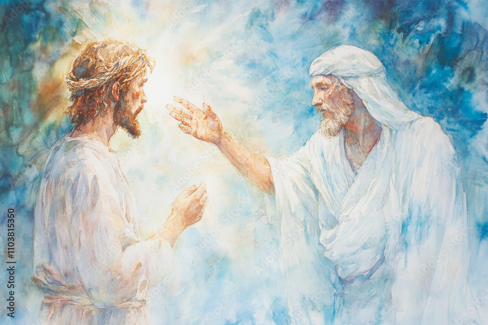 Jesus offering his hand to a blind man, guiding him toward light. The watercolor uses soft blues, whites, and light yellows to convey healing, compassion, and divine guidance. Jesus offering his hand to a blind man, guiding him toward light. The watercolor uses soft blues, whites, and light yellows to convey healing, compassion, and divine guidance.