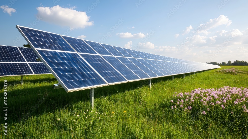 Solar Panels in a Green Field Under a Bright Blue Sky with Fluffy Clouds, Capturing Clean Energy and Sustainability in Nature's Bounty on a Sunny Day Solar Panels in a Green Field Under a Bright Blue Sky with Fluffy Clouds, Capturing Clean Energy and Sustainability in Nature's Bounty on a Sunny Day