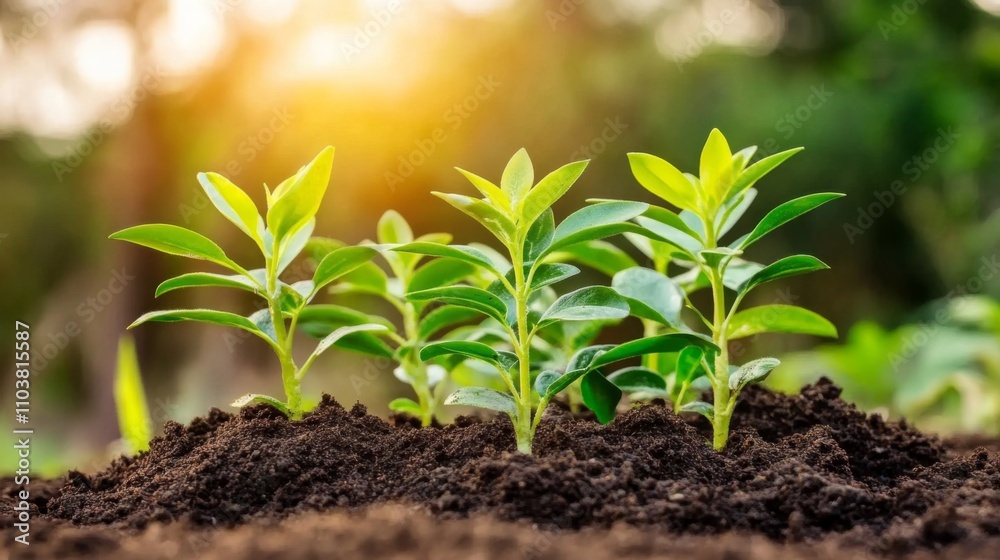 Group young plants growing bed soil have green Illustration of plant growth Group young plants growing bed soil have green Illustration of plant growth