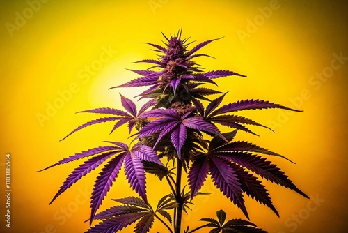 Silhouette Photography of Mid Cola Purple Cannabis Plant Against a Vibrant Yellow Background Showcasing Unique Color Contrast and Artistic Expression in Nature's Beauty