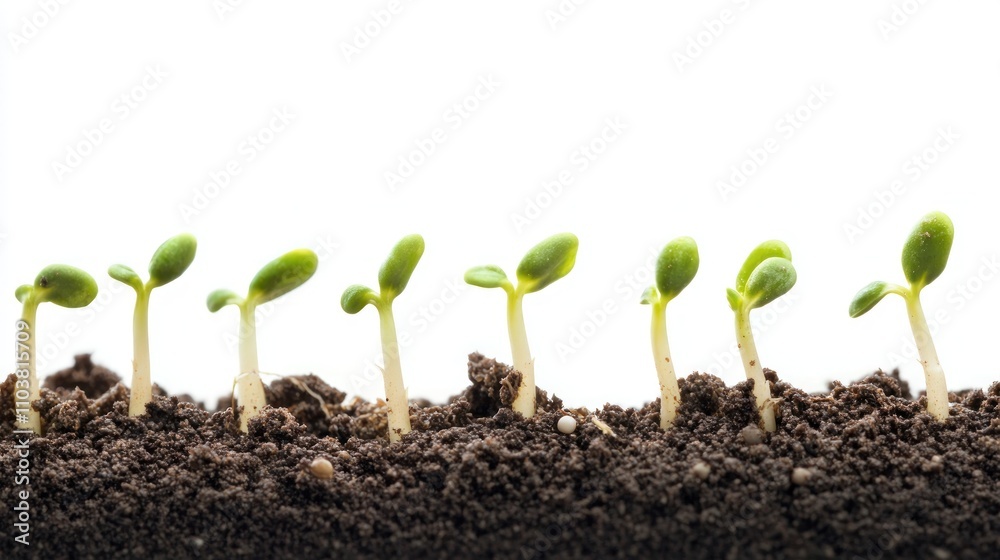A series of young plant seedlings in various growth stages, emerging from the soil against a white background, representing new life and growth. A series of young plant seedlings in various growth stages, emerging from the soil against a white background, representing new life and growth.