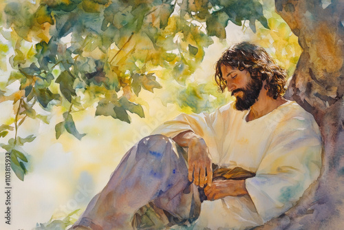 Jesus sitting peacefully under a fig tree, his hands resting on his lap, surrounded by soft green leaves and golden sunlight. The watercolor uses warm earth tones and soothing greens to evoke a sense