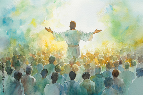 Jesus standing in front of a large crowd, his arms outstretched as he speaks words of life. The watercolor uses soft greens, blues, and yellows to evoke a sense of openness, grace, and divine photo