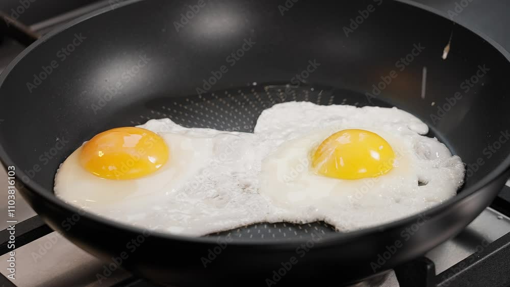 Frying chicken eggs in a black frying pan, sunny side up eggs sprinkled with salt, healthy food for breakfast or lunch, scrambled eggs, fried eggs. Close-up, top view Frying chicken eggs in a black frying pan, sunny side up eggs sprinkled with salt, healthy food for breakfast or lunch, scrambled eggs, fried eggs. Close-up, top view