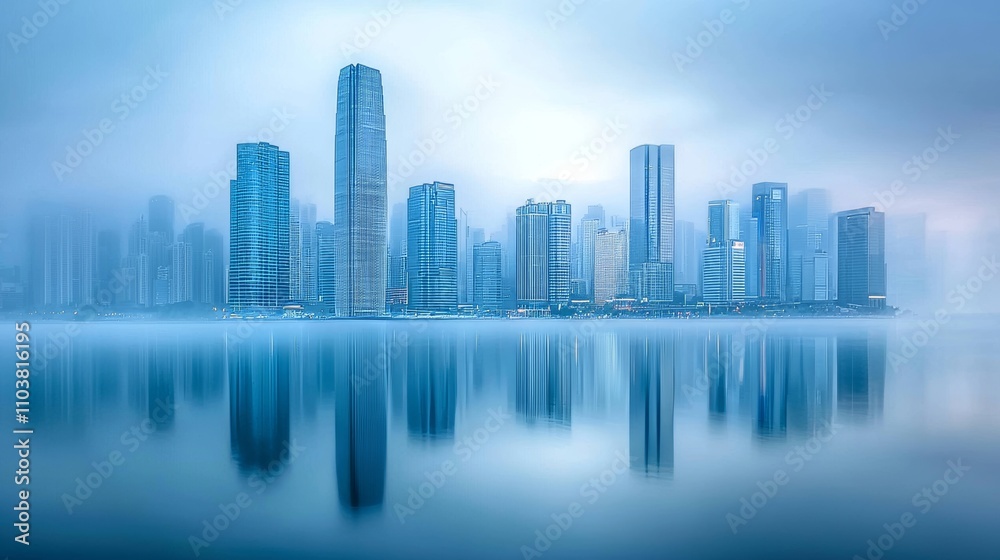Modern urban skyline, minimalist architecture, cool blue tones, light fog diffusing in the background, Modern urban skyline, minimalist architecture, cool blue tones, light fog diffusing in the background,