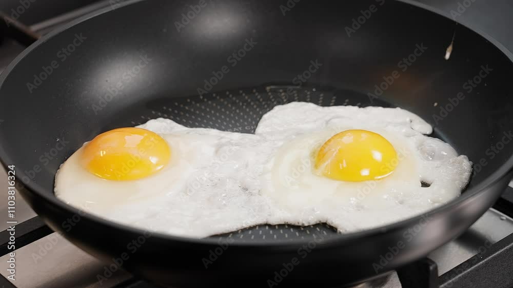 Frying chicken eggs in a black frying pan, fried eggs, healthy food for breakfast or lunch, scrambled eggs, fried eggs. Close-up, top view Frying chicken eggs in a black frying pan, fried eggs, healthy food for breakfast or lunch, scrambled eggs, fried eggs. Close-up, top view