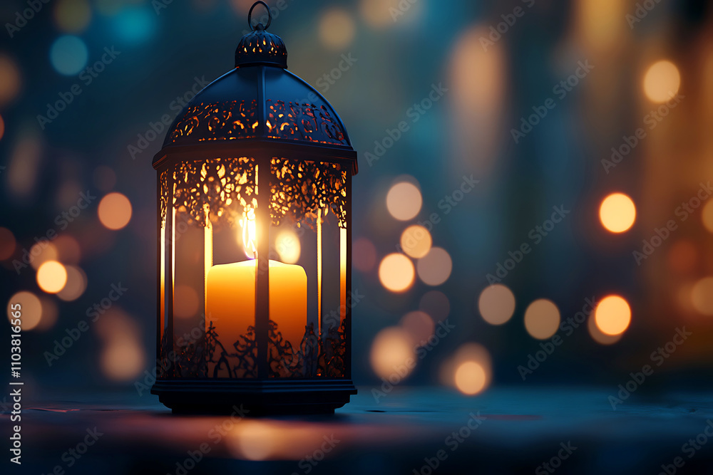 Islamic ramadan kareem celebration lantern with beautiful bokeh lights in the background.