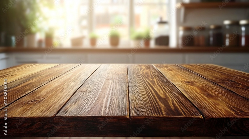 Rustic wooden table surface in a sunlit kitchen, perfect for food photography or product display. Blurred background with window and plants.