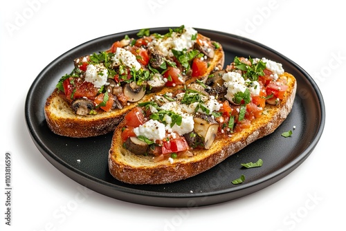 Bruschetta with mushrooms and white cheese in black plate isolated on white background. Vegetarian food