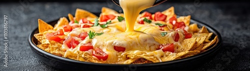 A close-up of crispy nachos topped with melted cheese, fresh diced tomatoes, and cilantro, served in a black dish on a dark background.