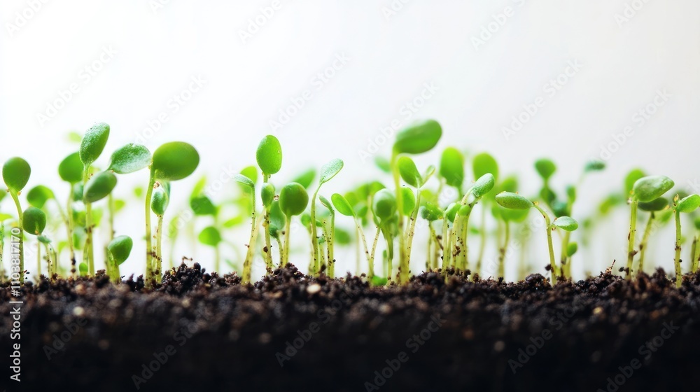 Young plant seedlings sprouting from fertile soil against a bright, light background, symbolizing growth, new beginnings, and the natural cycle of plant life. Young plant seedlings sprouting from fertile soil against a bright, light background, symbolizing growth, new beginnings, and the natural cycle of plant life.