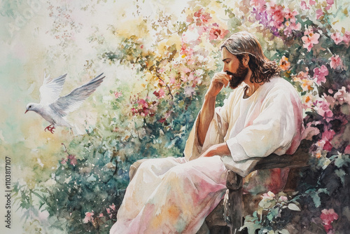 Jesus seated in the garden, surrounded by flowers and doves, contemplating the future. The watercolor uses soft pinks, greens, and light yellows to convey peace, reflection, and beauty. photo