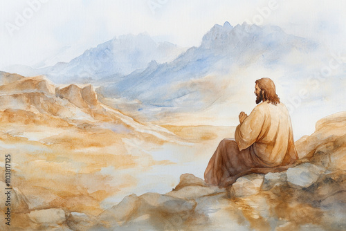 A solemn watercolor of Jesus praying in the desert, surrounded by rugged hills. Muted browns, soft blues, and pale yellows evoke solitude and spiritual strength.