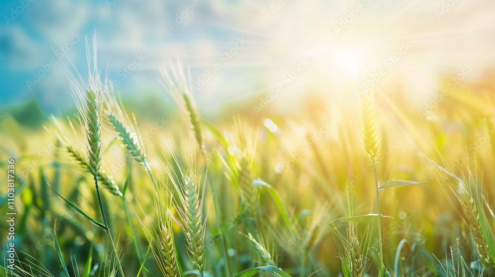 Wheat field and summer meadow landscape with sunshine and a blurred background. Wheat field and summer meadow landscape with sunshine and a blurred background.