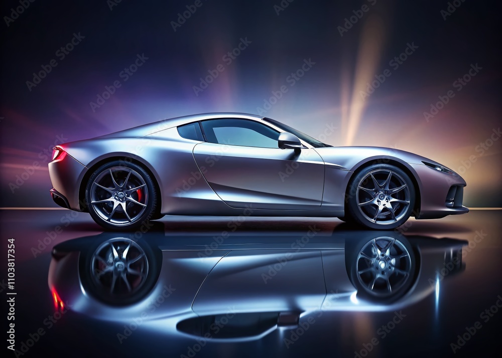 Sleek Sports Car in Profile with Dynamic Lighting Showcasing Aerodynamic Curves and Reflective Surface, Ideal for Automotive Design and Marketing Purposes Sleek Sports Car in Profile with Dynamic Lighting Showcasing Aerodynamic Curves and Reflective Surface, Ideal for Automotive Design and Marketing Purposes