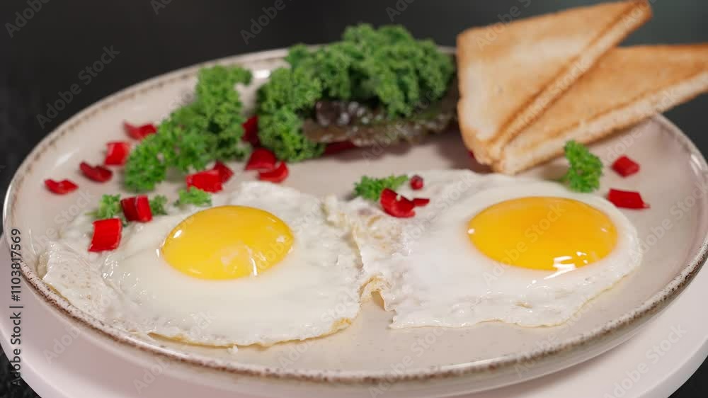 Macro. Fried eggs with salad and toasts in a beautiful plate, the plate with food is spinning in a circle. Healthy food for breakfast or lunch, fried eggs, chicken eggs for breakfast. Close-up, Macro. Fried eggs with salad and toasts in a beautiful plate, the plate with food is spinning in a circle. Healthy food for breakfast or lunch, fried eggs, chicken eggs for breakfast. Close-up,