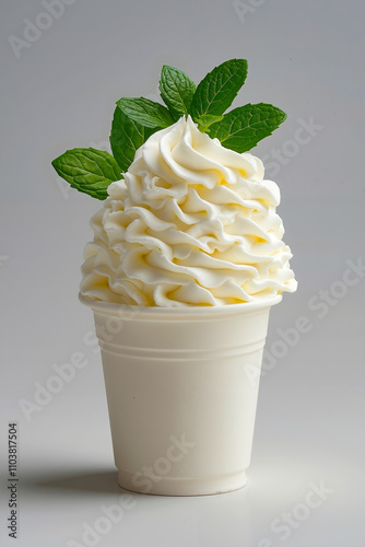 A cup of whipped cream with a mint leaf on top photo