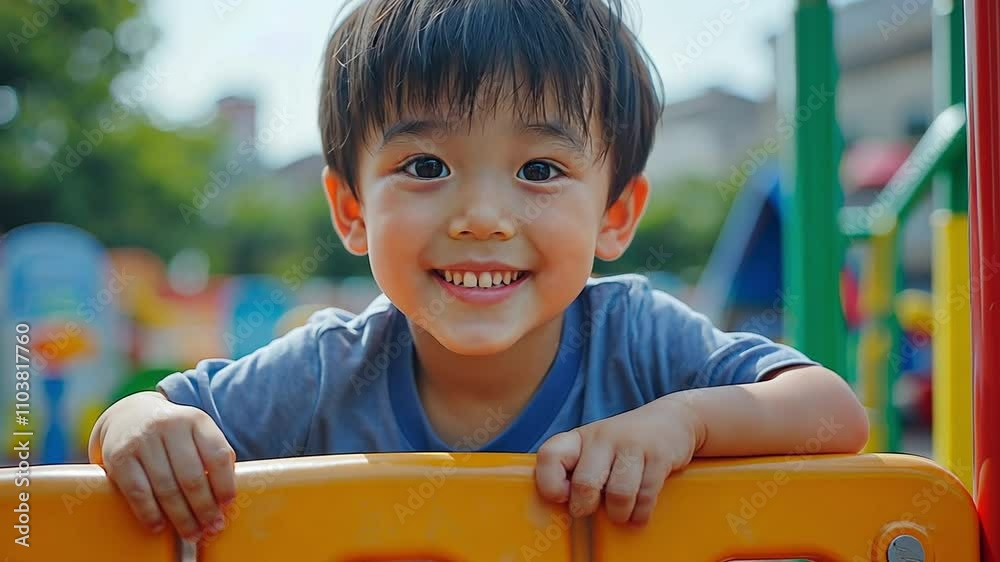A little Asian boy enjoys practicing climbing on the playground hill toy at the city park.