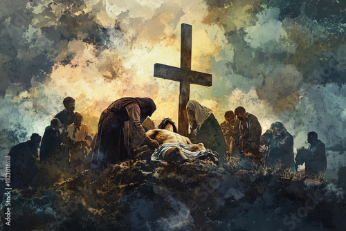 A delicate digital watercolor of Jesus' body being gently lowered from the cross, with Mary receiving her Son in her arms, surrounded by mournful figures under a dimming sky