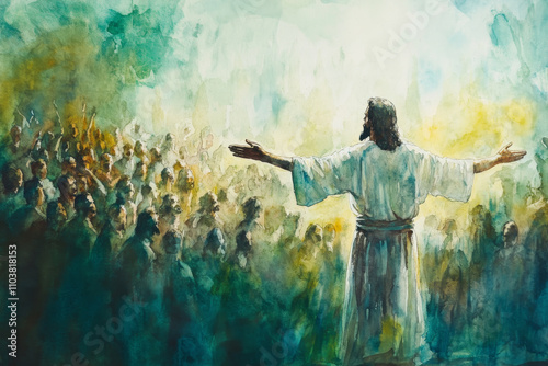 Jesus standing in front of a large crowd, his arms outstretched as he speaks words of life. The watercolor uses soft greens, blues, and yellows to evoke a sense of openness, grace, and divine photo